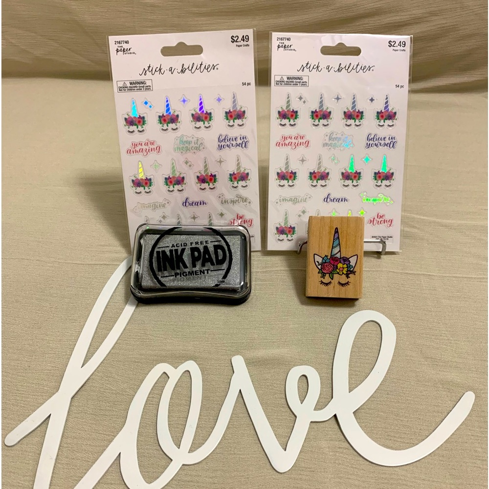 108 pc Flower Unicorn Stickers With Affirmations & 1 Rubber Stamp & Ink Pad